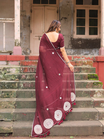 Bulbul- maroon crochet work cotton saree with blouse