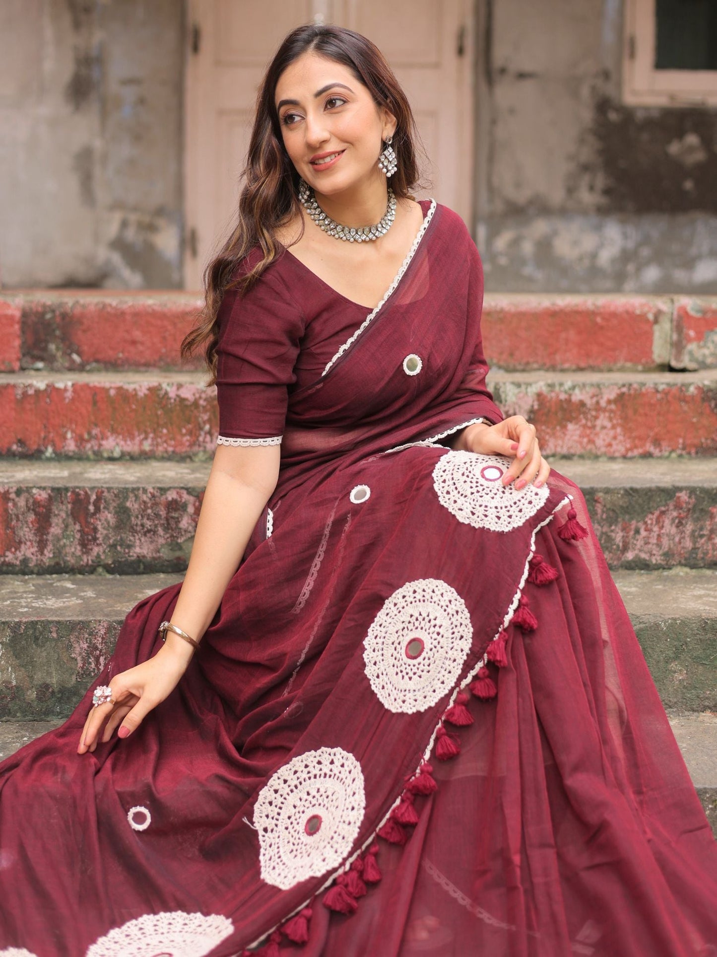 Bulbul- maroon crochet work cotton saree with blouse