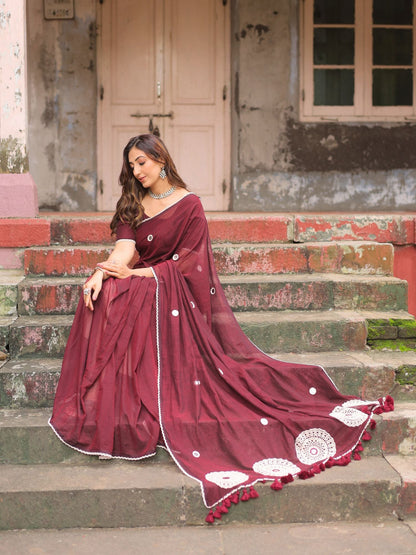 Bulbul- maroon crochet work cotton saree with blouse