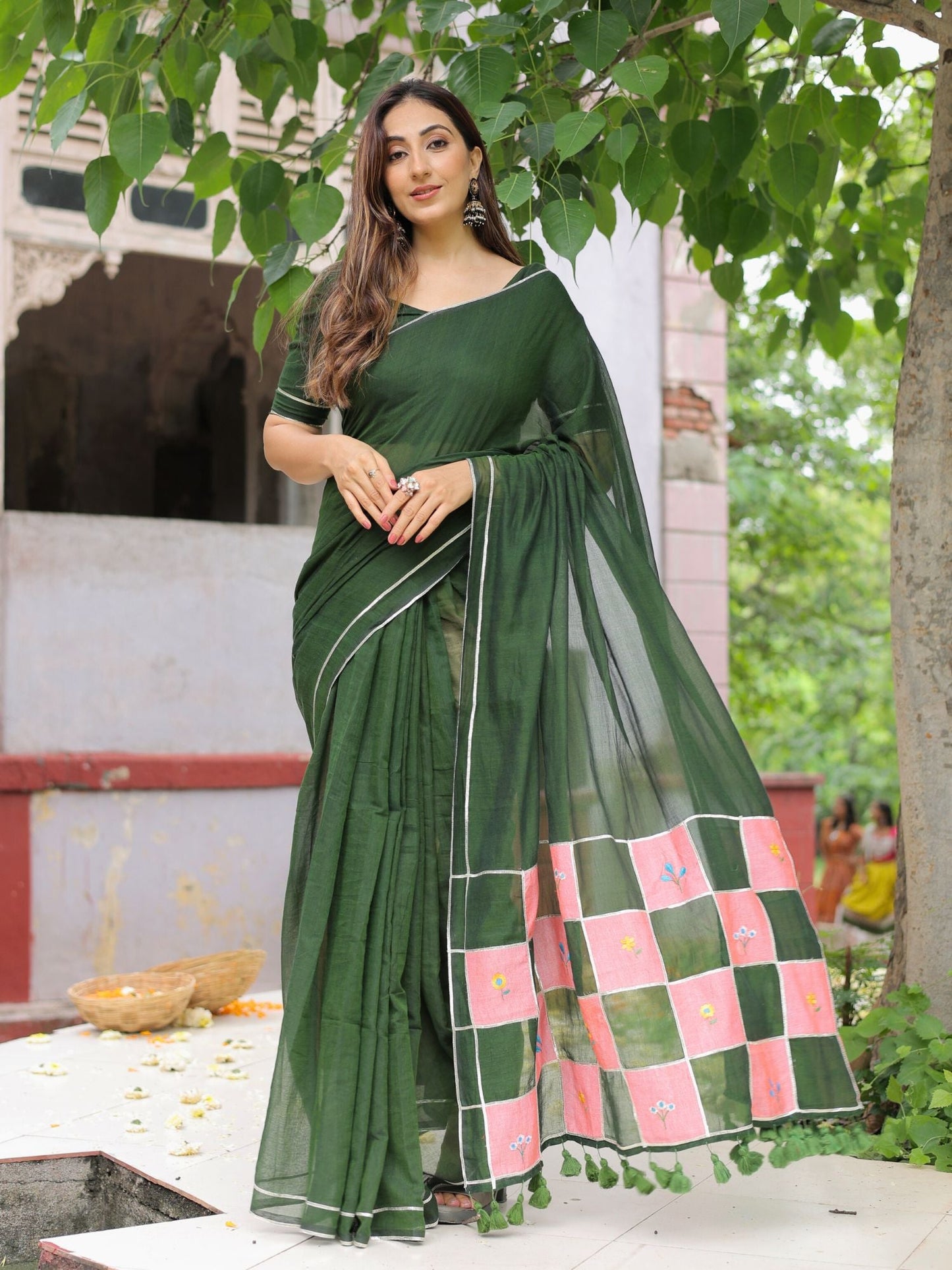 Sandesh- bottle green patchwork saree with blouse