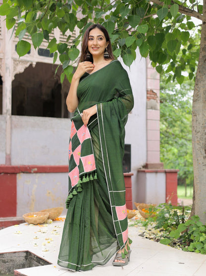 Sandesh- bottle green patchwork saree with blouse