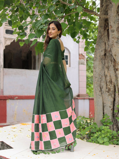Sandesh- bottle green patchwork saree with blouse