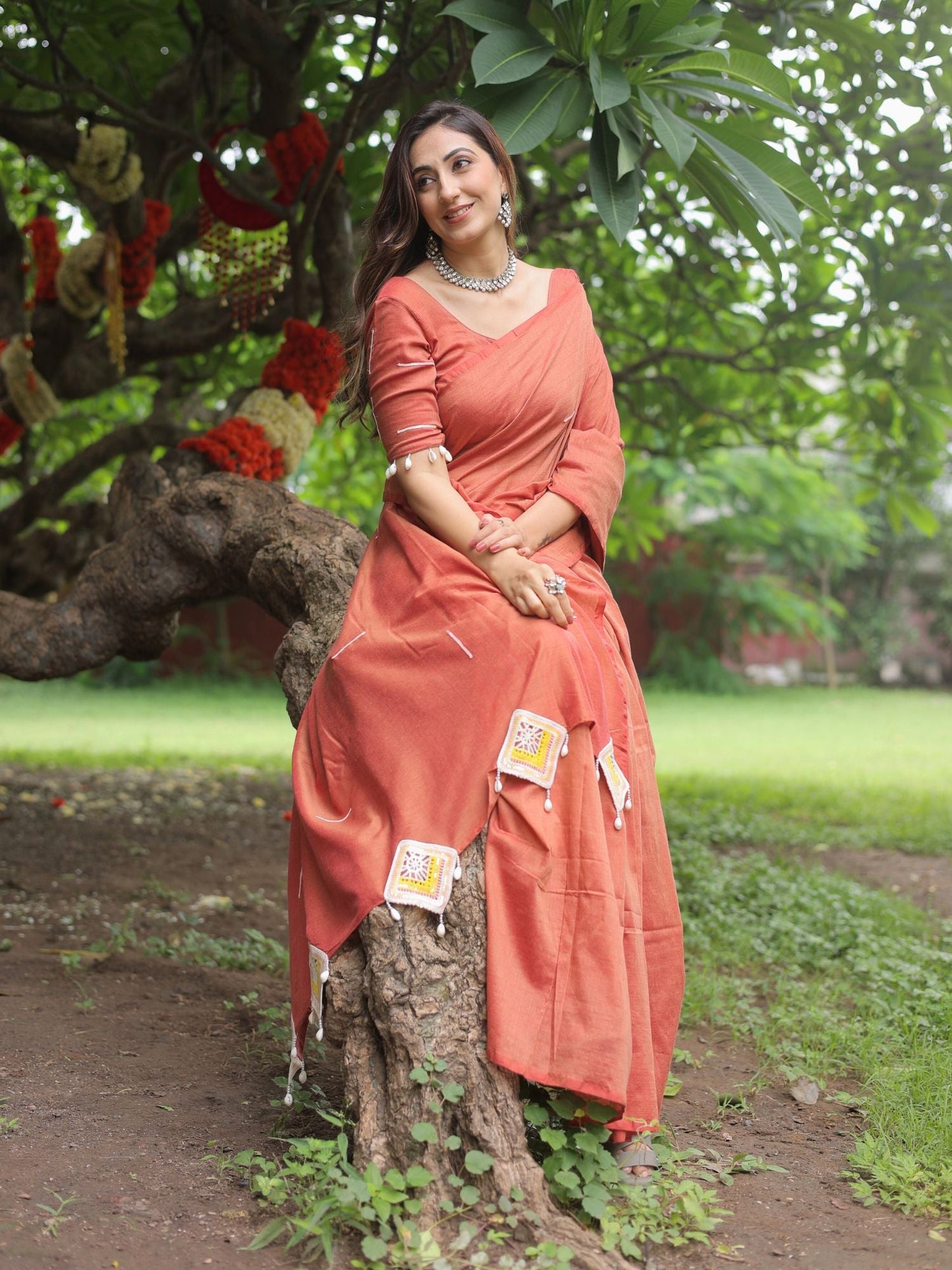 Saanjh- Rust Orange crochet applique saree with blouse