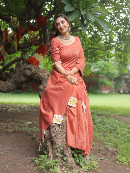 Saanjh- Rust Orange crochet applique saree with blouse