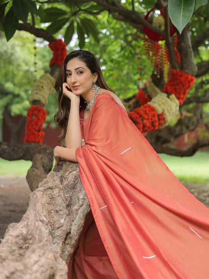 Saanjh- Rust Orange crochet applique saree with blouse