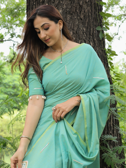 Saavan- Green crochet applique saree with blouse