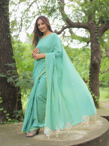 Saavan- Green crochet applique saree with blouse