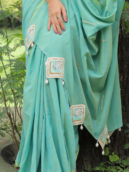 Saavan- Green crochet applique saree with blouse