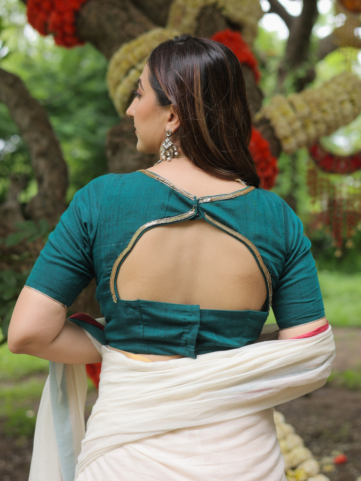 Rama ivory cotton saree with embroidered blouse