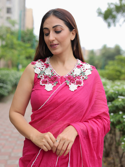 Pink Pearl- Mul cotton saree with blouse