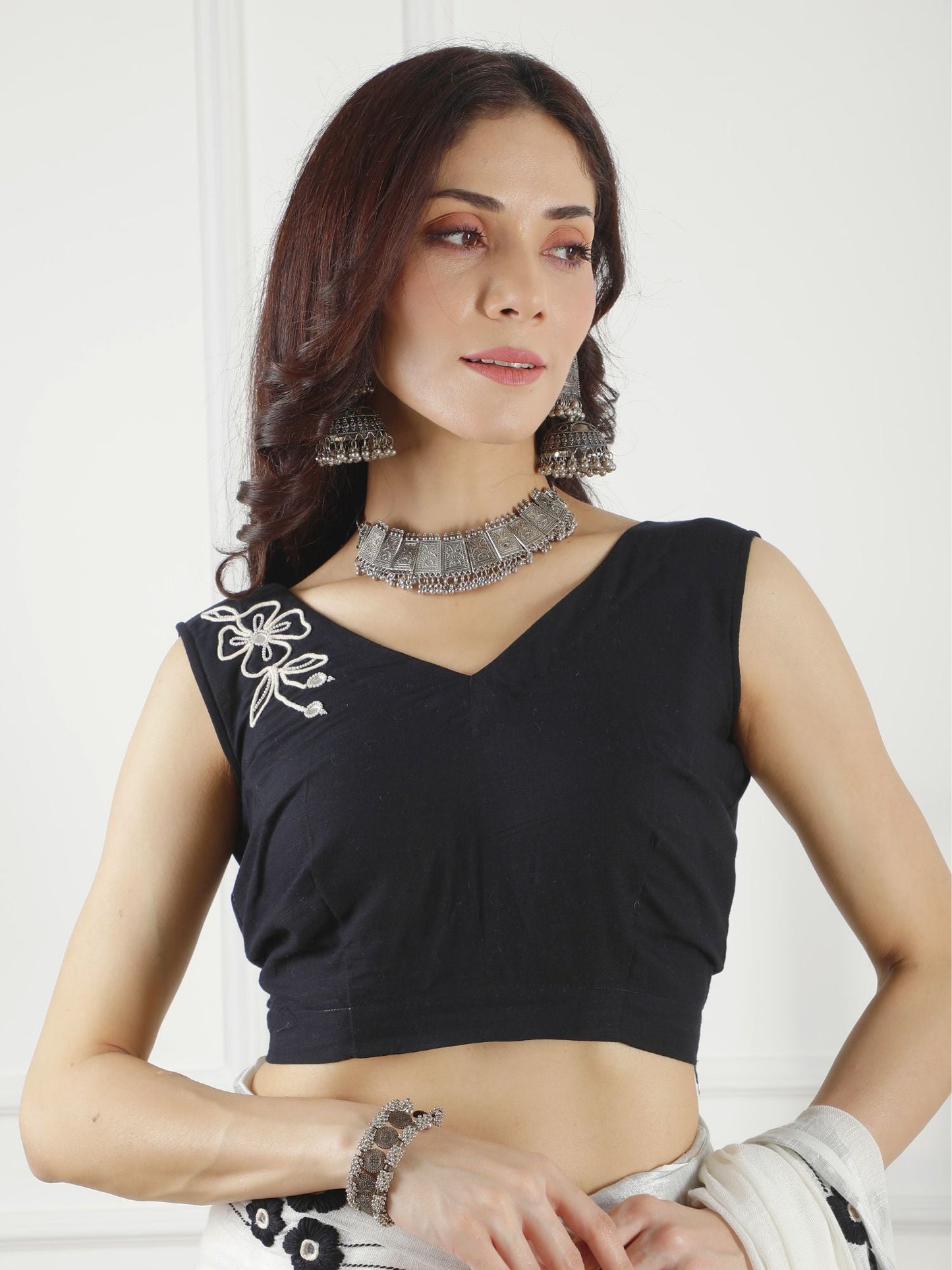 Audrey black and white cotton saree with blouse