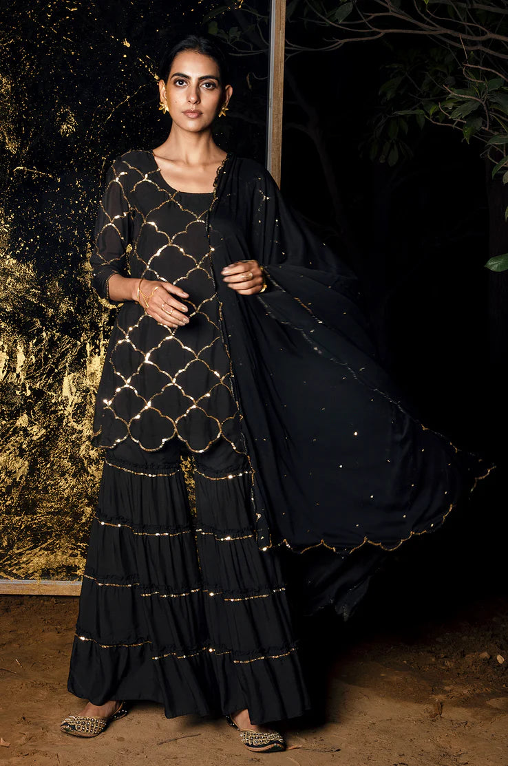 Vrinda Sequin Kurta Sharara With Dupatta - Set Of 3