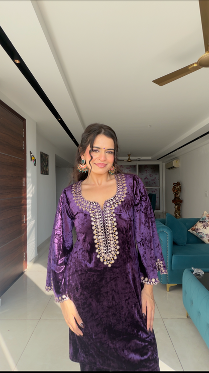 RIMJHIM IN PURPLE VELVET PITA EMBROIDERED CO-ORD SET