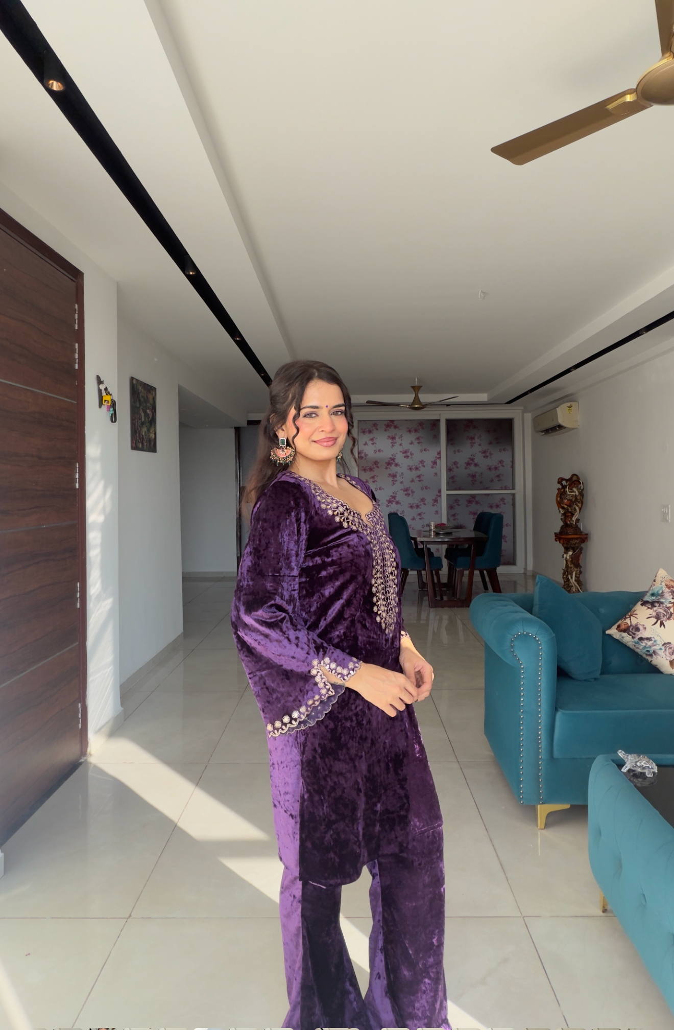 RIMJHIM IN PURPLE VELVET PITA EMBROIDERED CO-ORD SET