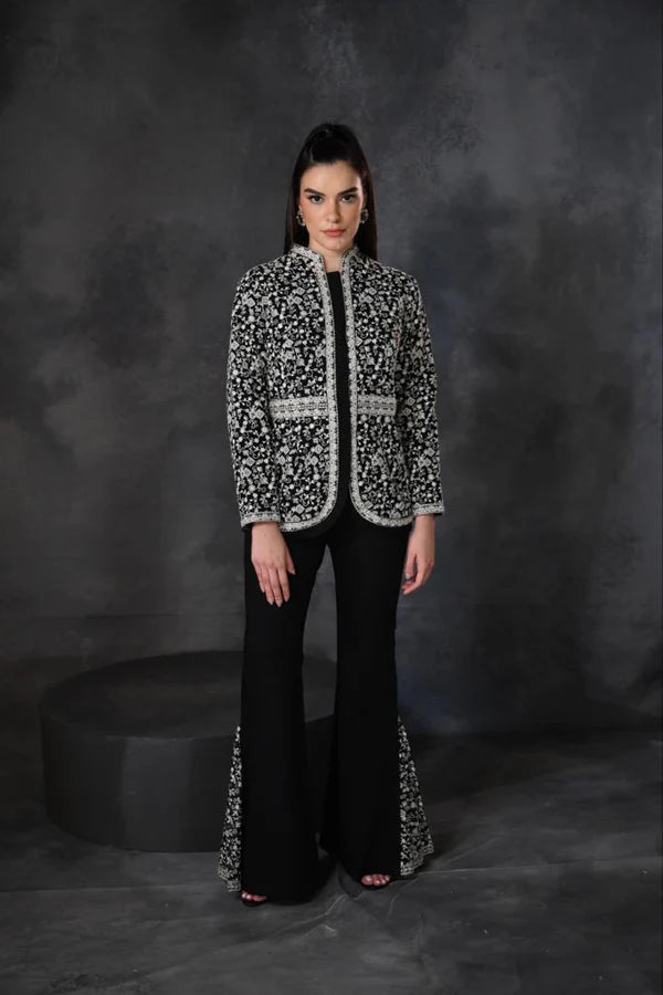 Black Embroidered Peplum Jacket & Pant Set