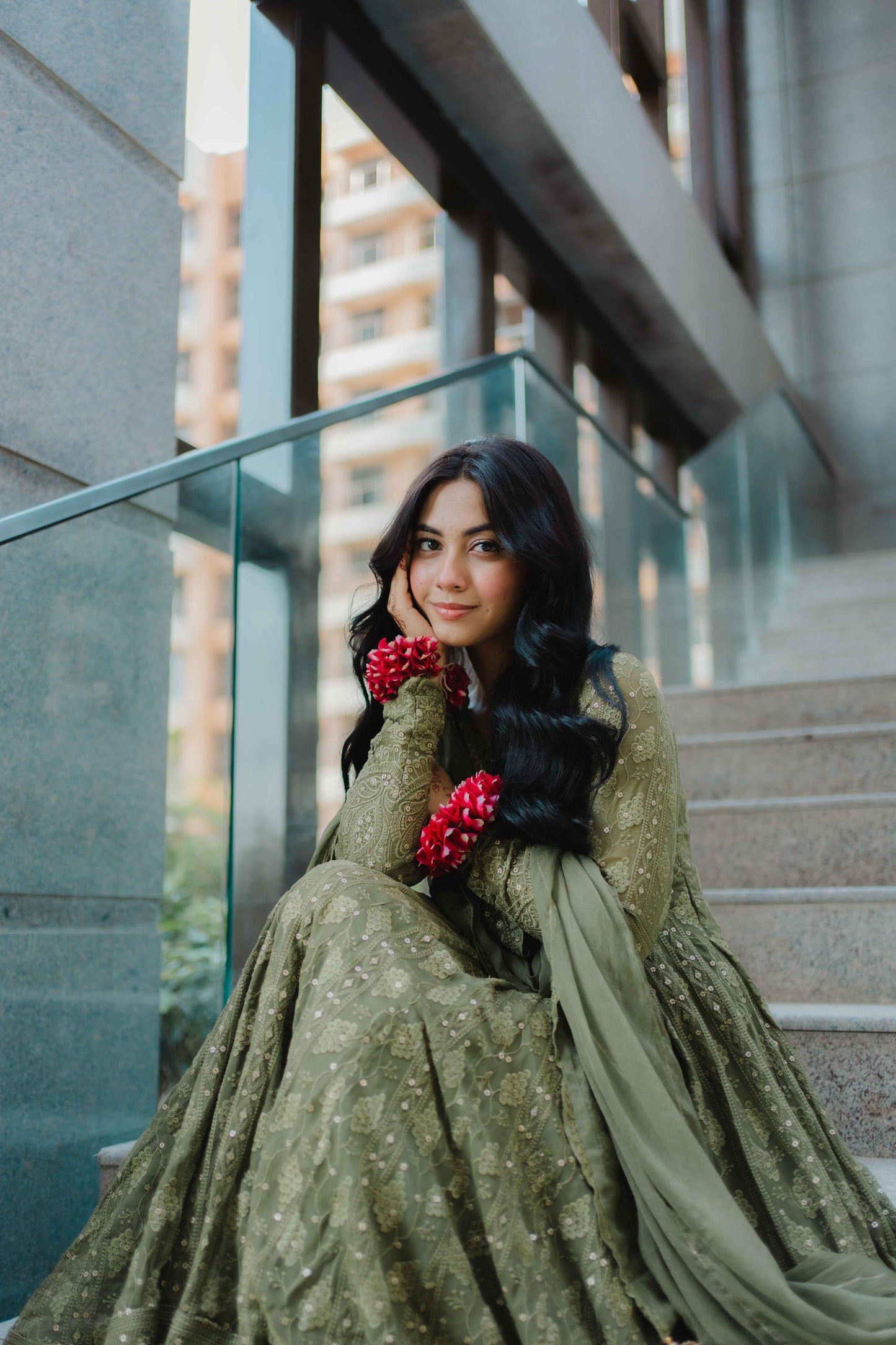Mehndi Green Chikankari Anarkali Suit Set (SET OF 3)