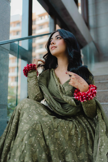 Mehndi Green Chikankari Anarkali Suit Set (SET OF 3)