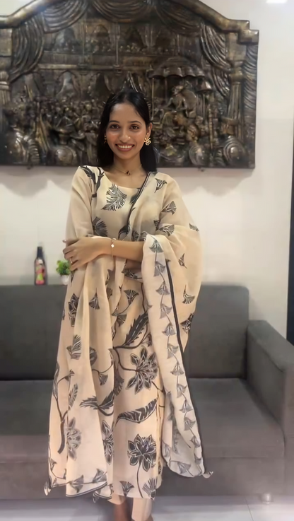 JANHAVI IN CREAM AND GREEN LINEN KURTA SET