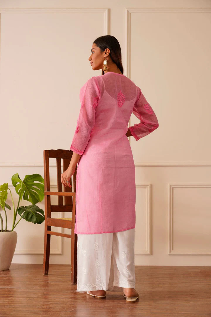 Alluring Light Pink Kota Doria Straight Kurta