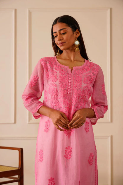 Alluring Light Pink Kota Doria Straight Kurta