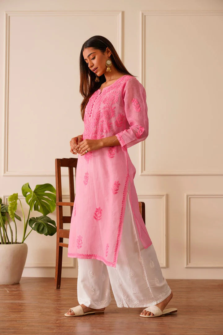 Alluring Light Pink Kota Doria Straight Kurta