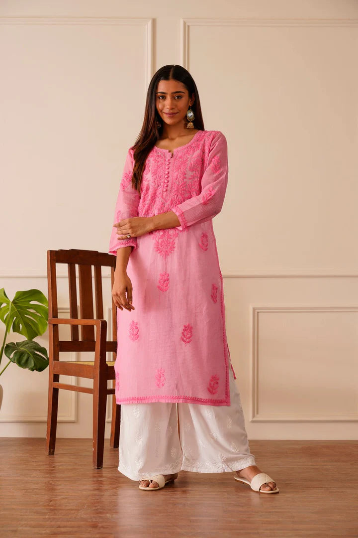 Alluring Light Pink Kota Doria Straight Kurta