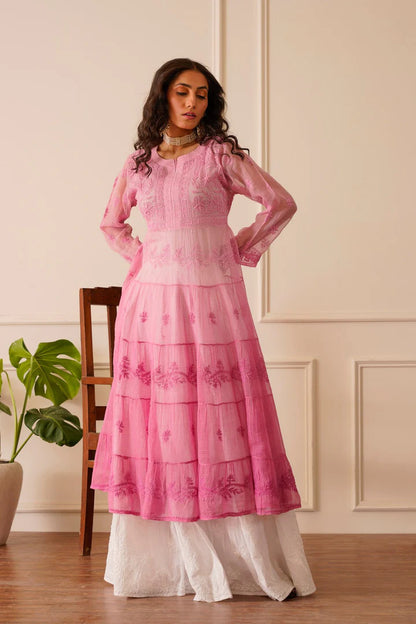 Amazing Light Pink Ombre Kota Doria Anarkali