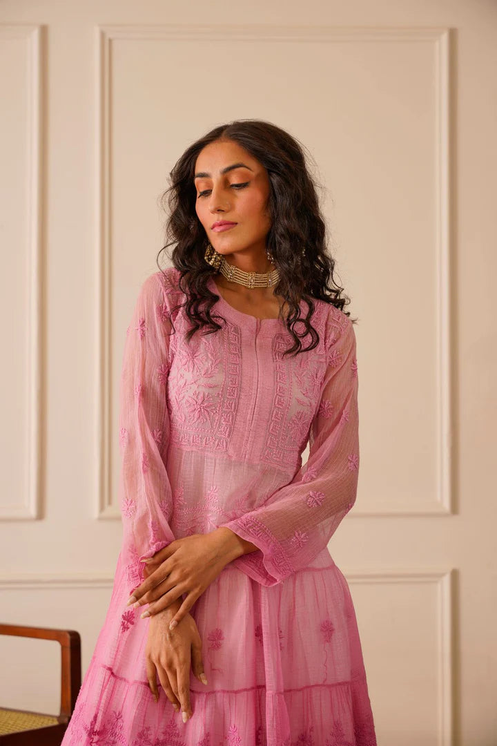 Amazing Light Pink Ombre Kota Doria Anarkali