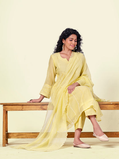 Yellow Pure Silk Mul 3-Piece Kurti Set