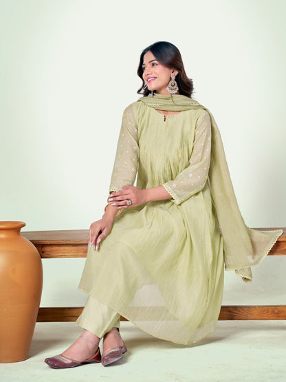 Pista Green Pure Silk Mul Chanderi Set