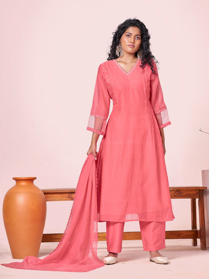 Coral Blush Pure Silk Mul 3-Piece Kurti Set