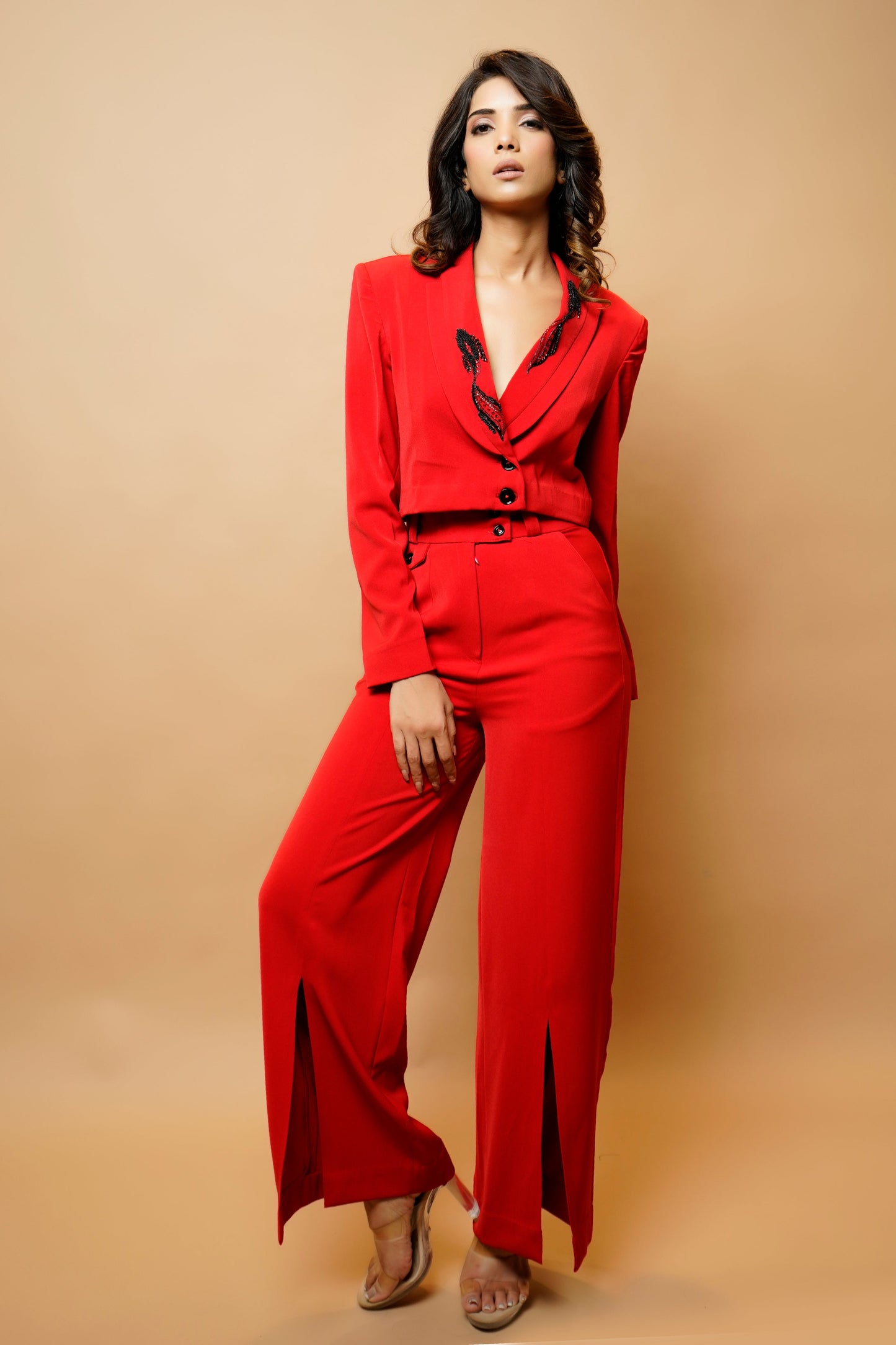 Hot Red Short Coat And Pant