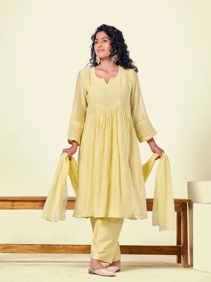 Yellow Pure Silk Mul 3-Piece Kurti Set