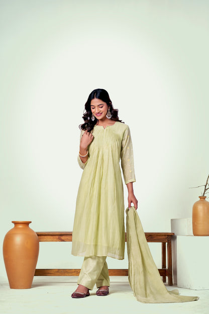 Pista Green Pure Silk Mul Chanderi Set