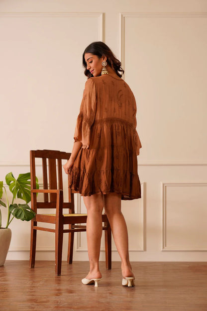 Dazzling Dark Brown Muslin Short Kurti Dress