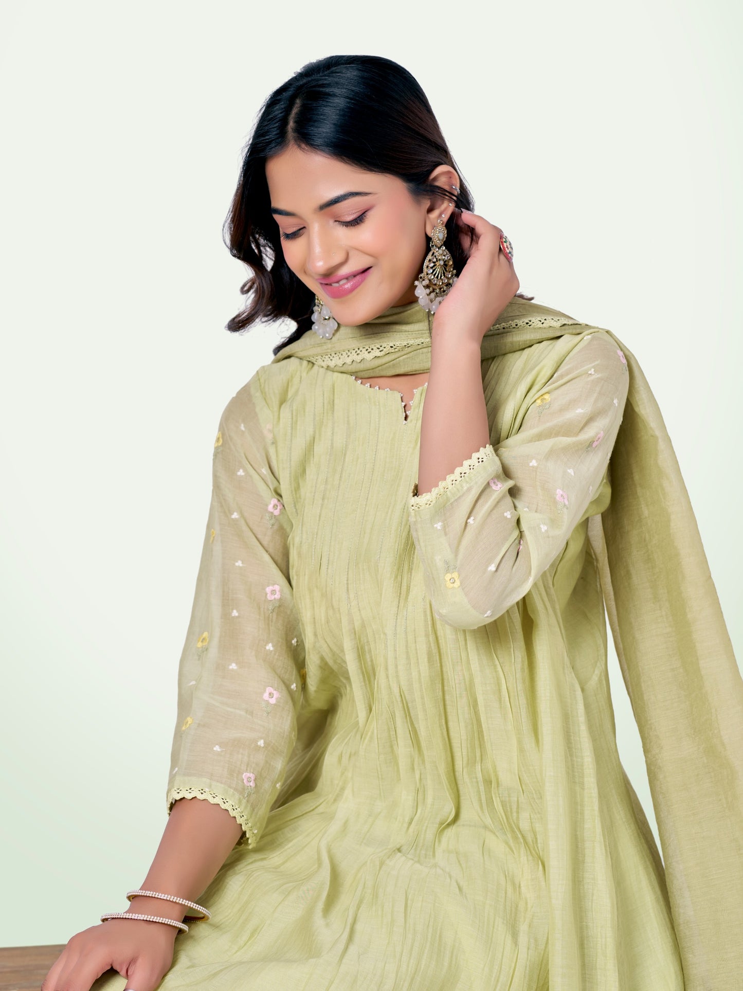 Pista Green Pure Silk Mul Chanderi Set