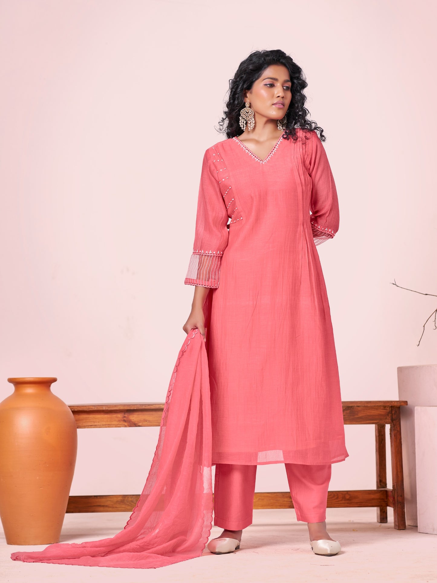 Coral Blush Pure Silk Mul 3-Piece Kurti Set