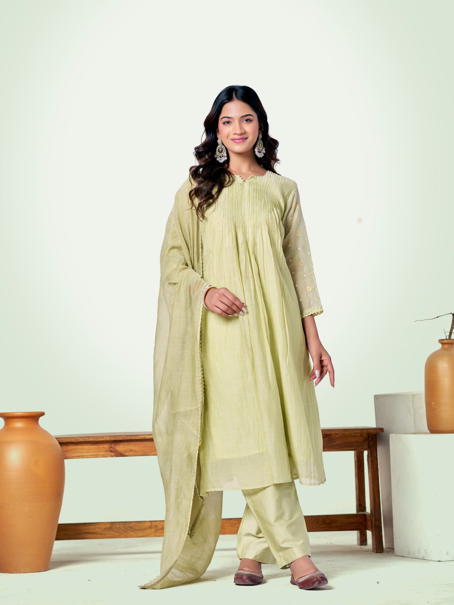 Pista Green Pure Silk Mul Chanderi Set