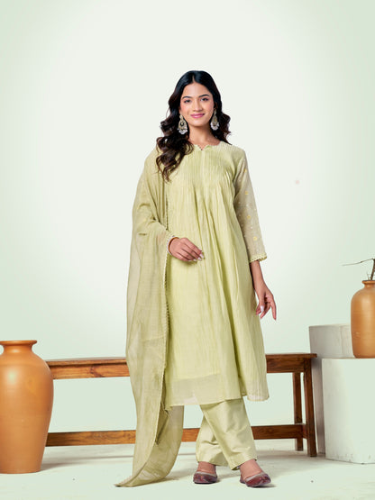 Pista Green Pure Silk Mul Chanderi Set