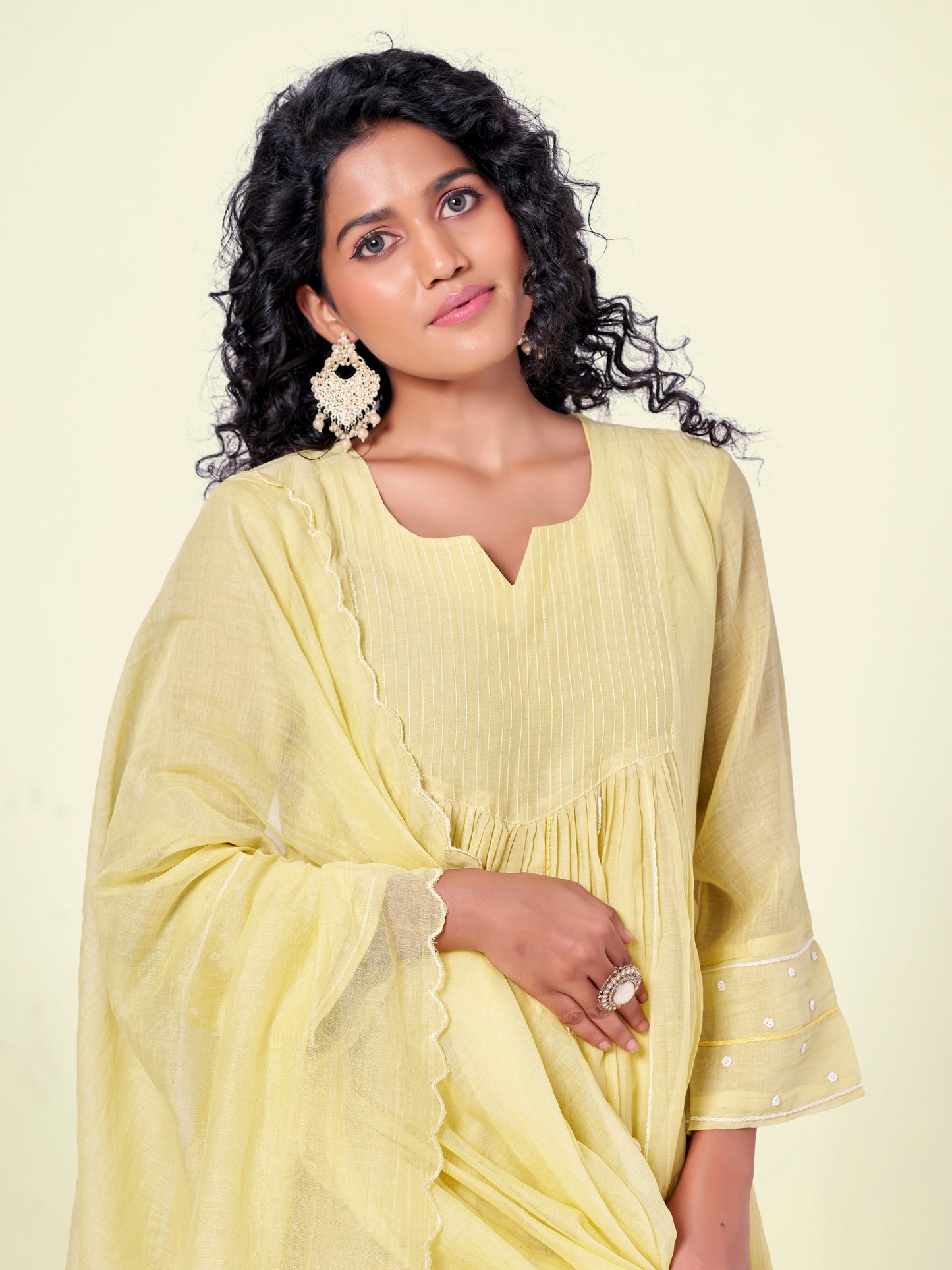 Yellow Pure Silk Mul 3-Piece Kurti Set