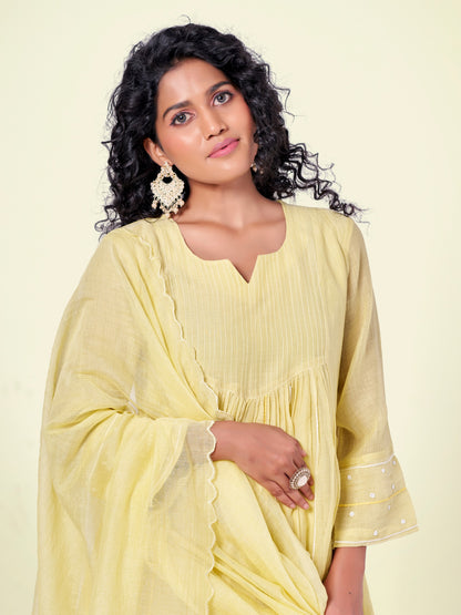 Yellow Pure Silk Mul 3-Piece Kurti Set