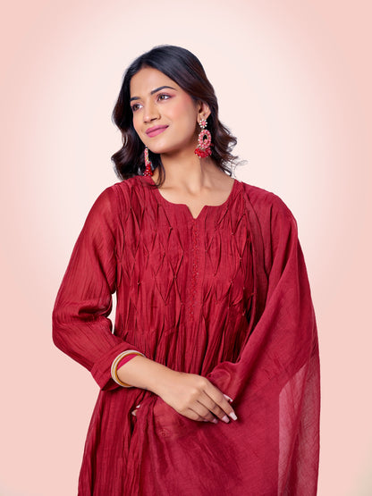 Garnet Red Pure Silk Mul 3-Piece Kurti Set