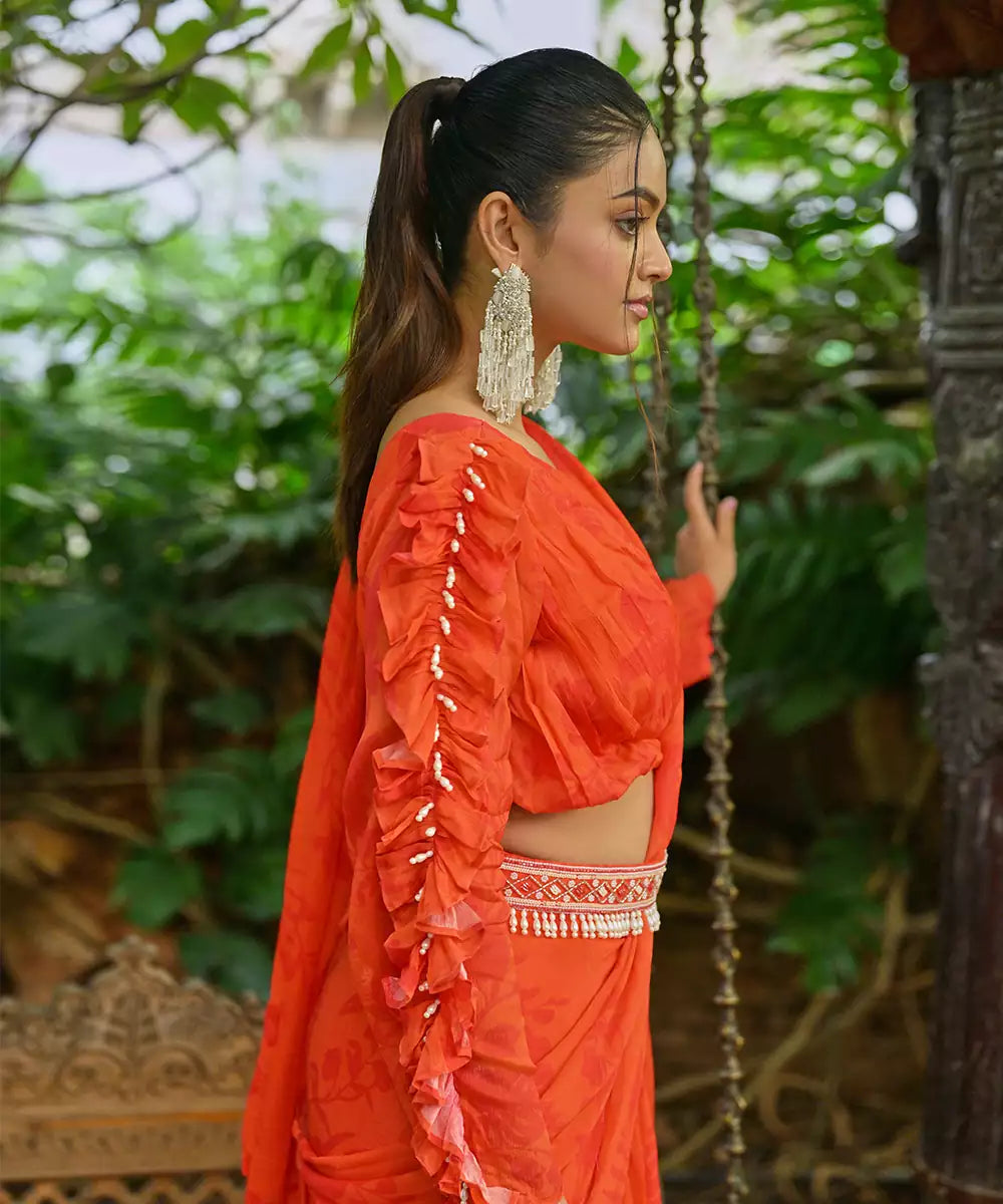 Orange Floral Orange Ruffle Saree