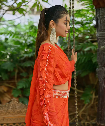 Orange Floral Orange Ruffle Saree