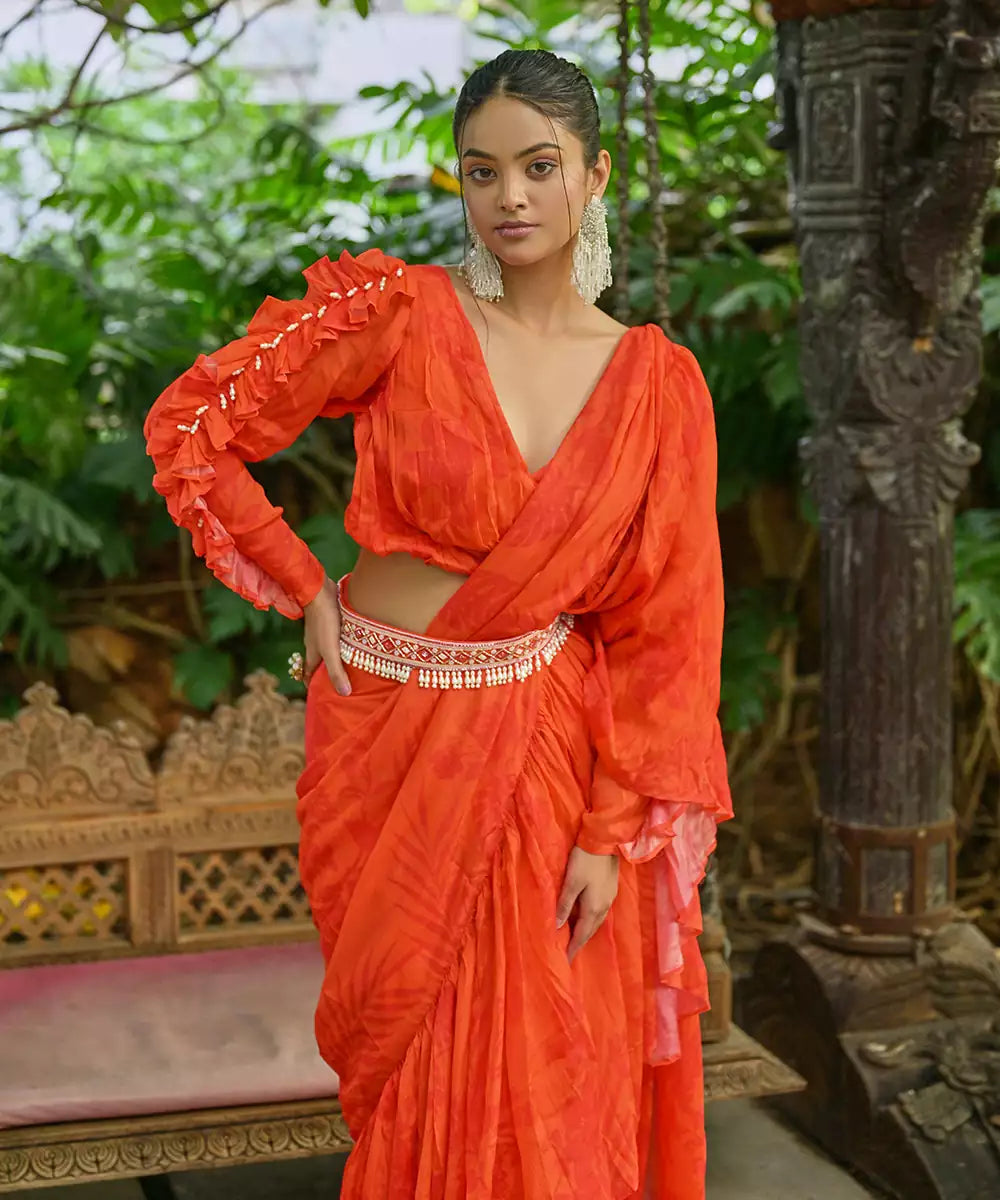 Orange Floral Orange Ruffle Saree