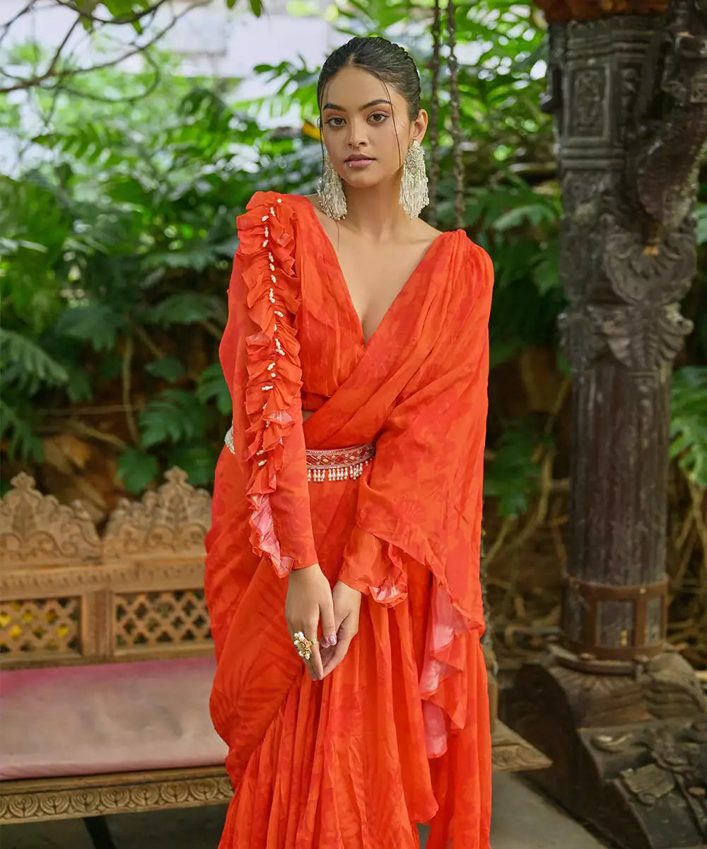 Orange Floral Orange Ruffle Saree