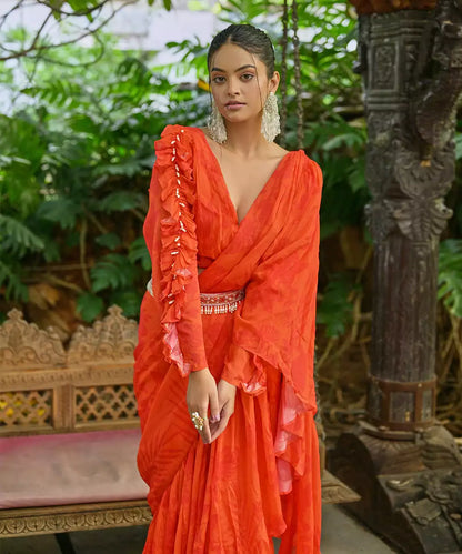Orange Floral Orange Ruffle Saree