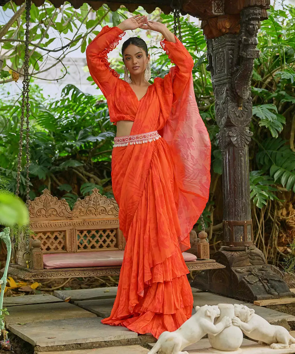 Orange Floral Orange Ruffle Saree