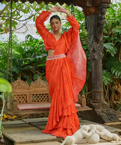 Orange Floral Orange Ruffle Saree