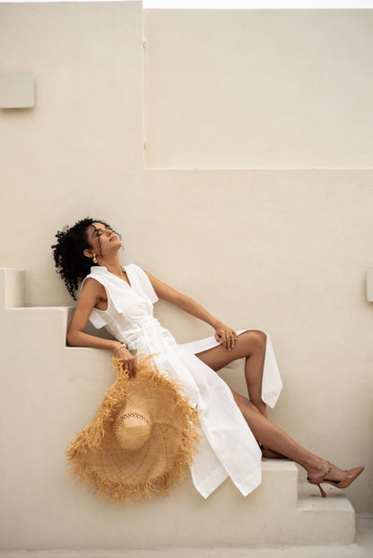 Ivory Linen Dress side shot image with model